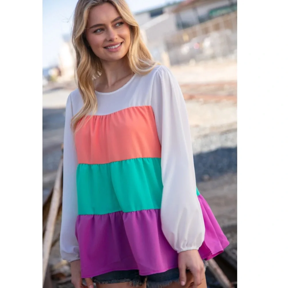 Purple Orange Teal Colorblock Tiered Ruffle Top Oversized Blouse S M L 1X 2X 3X - Picture 6 of 9